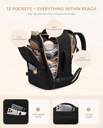 LOVEVOOK Handgepäck Rucksack Flugzeug, 40L Groß Reiserucksack Herren Damen Laptop Rucksack 17 Zoll, Wasserdicht Travel Backpack Carry On Luggage, Business Cabin Bag für Reise Arbeit Urlaub, Schwarz