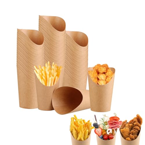 Shirene Tazze per Patatine Fritte,50 Pz 12oz Bicchieri di Cartone Scatole di Patatine Fritte,Tazze di Carta Kraft Holder Contenitori per Patatine Fritte Contenitori per Sfoglia,Gelato,Cialda