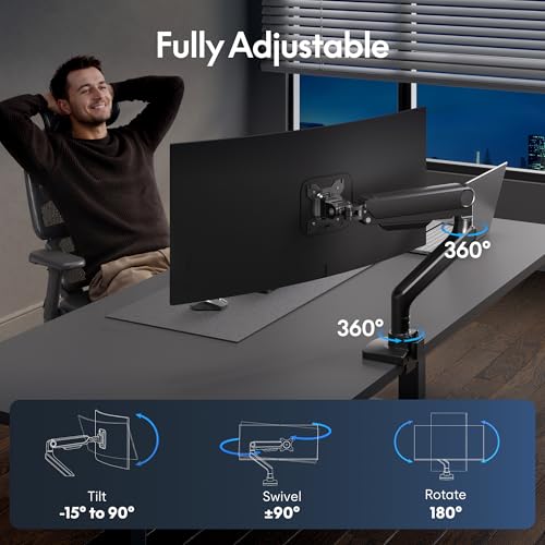 Image of FlexiSpot Ultrawide Monitor Arm, Monitor Stand for 17 to 49 inch Screens Holds up to 44 Lbs, Adjustable Gas Spring Arm with C Clamp & Grommet Base for Gaming Office, 75 /100 VESA Mount, Black