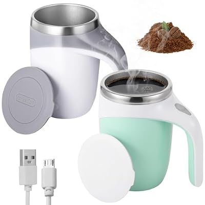 2 Pcs, Self Stirring Coffee Mugs, 304 Stainless Steel Rotating Travel Cups, Presents, Rechargeable Electric Mixing Cups, Automatic Adsorbent Mugs, White+Green