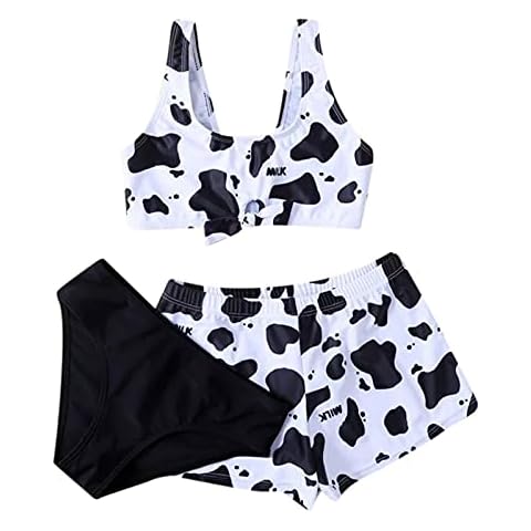 TinaDeer Teen Girls Swimming Costume 3 Piece Bikini Set for Girls Girls' Swim Separates Summer Beach Swimwear Cow Printed Swimsuit Hawaiian Bathing Suit Tankini Set 8-14 Years (Black, 13-14 Years) Cover