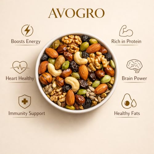 Image of Avogro Mixed Dry Fruits Premium Blend 1kg | Almonds, Cashews, Kishmish, Apricots & Seeds Mix | Fresh Crunchy Nut & Fruit Combo Pack for Snacking & Gifting