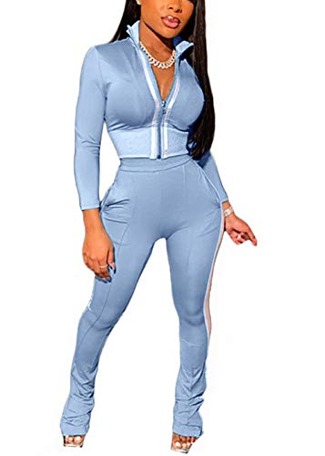 Women's 2 Piece Outfits - Stripe Patchwork Sweatsuits Long Sleeve Zipper Sweatshirt with Long Skinny Pants Tracksuit Set Sports Jumpsuit Light Blue, Medium