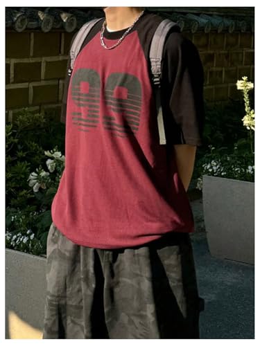 Men's Number Graphic Baggy Shirts Color Block Short Sleeve Crewneck Vintage Tees Tops2