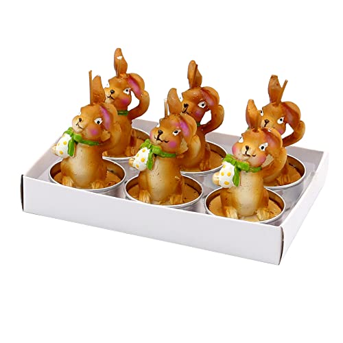 Dekohelden24 - Oster-Teelichte - Teelicht-Kerze als Osterhase mit Osterei im 6er Set, Braun, Maße je Teelicht ca. 4,5 x 6 cm.