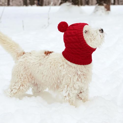 CITÉTOILE Weihnachtsmütze für Hunde – Klassische Strickmütze mit Zopfmuster und Bommel, Warme Santa Hundemütze für Kleine Hunde und Katzen, Rot, M
