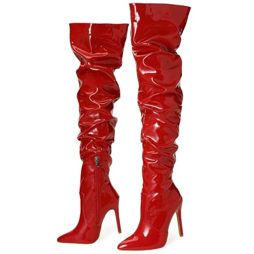 Knee High Boots for Women Patent Leather Thigh High Slouch Boots Pointed Toe Stiletto Heel Womens Boots Side Zipper