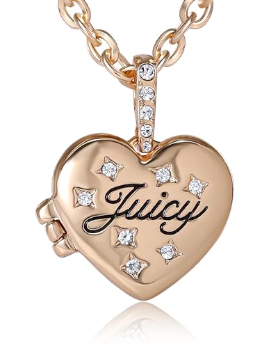 Juicy Couture Heart Locket Necklace for Women 18"+2", Gold-Tone Constellation Heart Necklace with Clear Stones and Logo