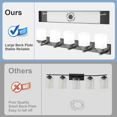 Image of Matte Black Bathroom Light Fixtures, 5 Lights Bathroom Lighting Fixtures Over Mirror, Square Design & Rectangle Large Backplate, Modern Vanity Lighting Fixtures, for Living Room /Bedroom