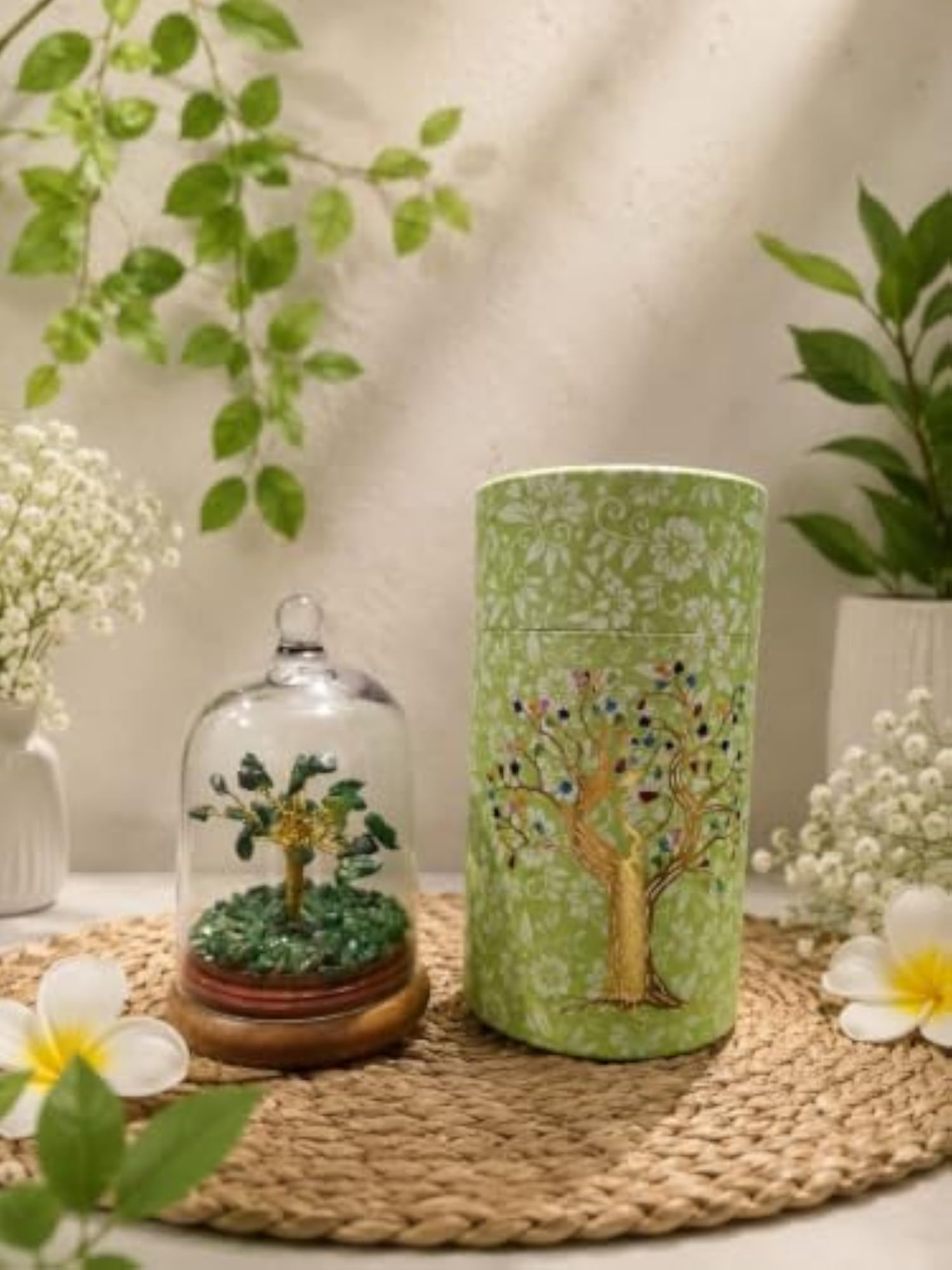 Decorative Glass Dome with Green Aventurine Gemstone Tree
