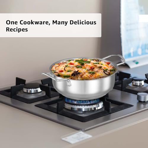 Image of Amazon Brand Solimo - Stainless Steel Induction Bottom Kadhai with Glass Lid 22 Cm