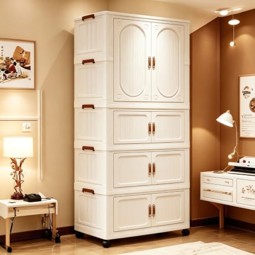 NCONCO Portable Wardrobe 4-Tier Foldable Closet Storage Organizer with Magnetic Doors & Wheels Collapsible Plastic Cabinet for Clothes Toys Easy Assembly for Bedroom Living Room