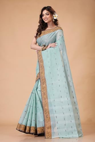 Image of Women's Traditional Bengal Tant Pure Cotton Design Border & Butta Tant Saree Without Blouse Piece