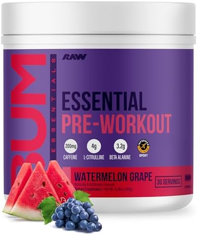 RAW Essential Pre-Workout Powder (Watermelon Grape) - Chris Bumstead Sports Nutrition Supplement for Men & Women - Preworkout Energy Powder with Caffeine, L-Citrulline, L-Tyrosine & Beta Alanine Blend