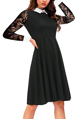 Lace Sleeve Dresses Women Wednesday Addams Dress Pater Pan Collar Fit and Flare Skater Cocktail Dresses M