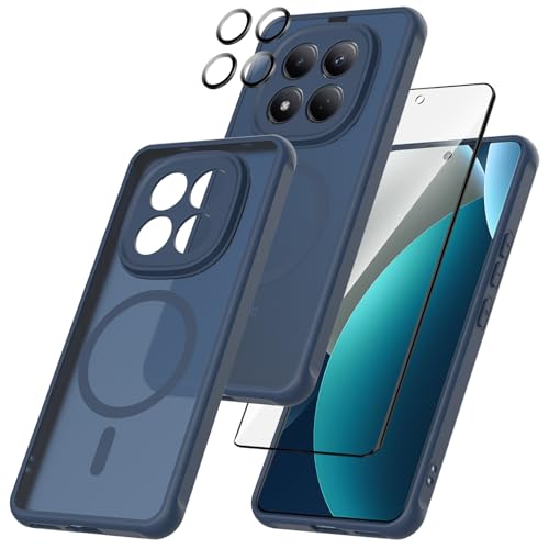 WQRTYJK 3 en 1 Funda para Xiaomi Redmi Note 15 Pro Plus 5G con 1 Protector Pantalla y 1 Protector Lente Cámara,Apto para Soportes magnéticos，Carcasa Trasera Translúcida Esmerilada (Azul)