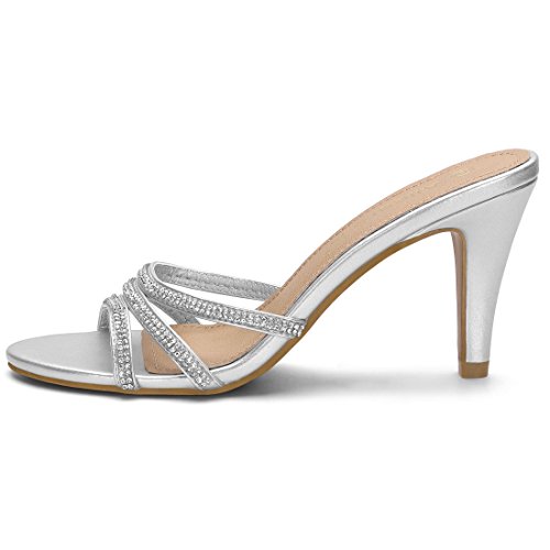 Allegra K Women's Rhinestone Strappy Heel Silver Mules - 8 M Us #TOP6