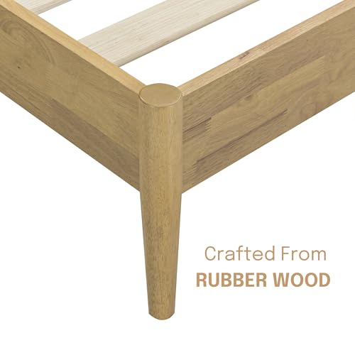 Image of NTC Lupin Wooden Bed Frame with Headboard, Solid Oak and Rubber Wood Foundation with Silent Slats and Wood Central Supports, 1000 Lb Capacity, Queen - Sand