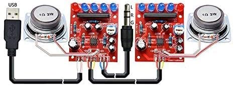 Wiring diagram for the Gikfun Mini Amplifier kit, showing connections between USB power, 3.5mm audio input, two circuit boards, and two speakers.