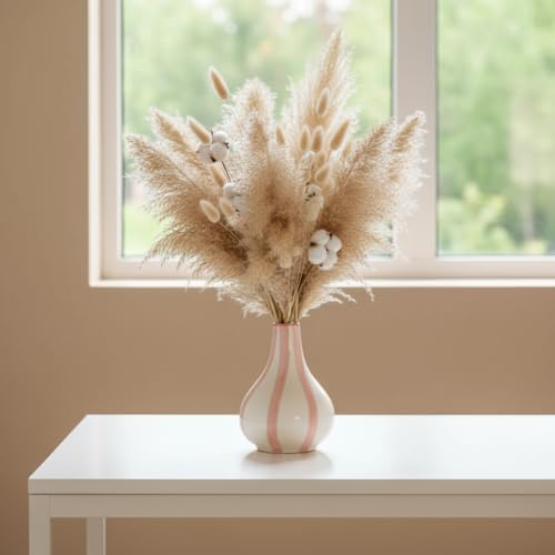 Image of PUREZENTO Pink & White Striped 'Tulip Bud' Ceramic Vase 6 Inch (Pack of 1) | Unique Modern Bud Vase for Dried Flowers & Pampas Grass | Vases for Modern Home Decor, Living Room & Office Decor Ideas