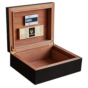 GERMANUS Zigarren Humidor in Schwarz für ca. 75 Zigarren, 315 x 255 x 120 mm, Digital Hygrometer Kristall Befeuchter