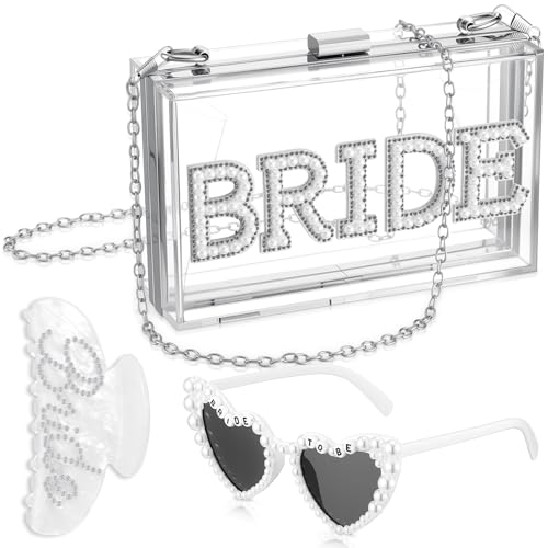 3 Pcs Bride Gifts Set Bride Bag Women Clear Clutch Sunglasses Hair Clip Pearl Letter Stickers for Bachelorette Party