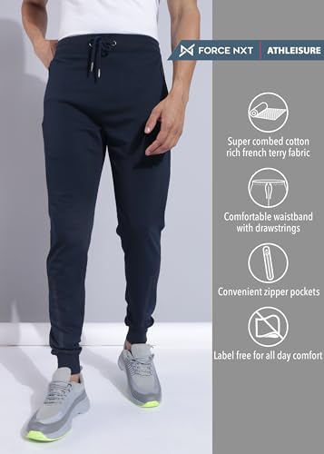 Image of Force NXT Men's Super Combed Cotton Rich French Terry Fabric Solid Joggers | Active Joggers for Men | Comfortable Waistband with Zipper Pocket for Daily Workout
