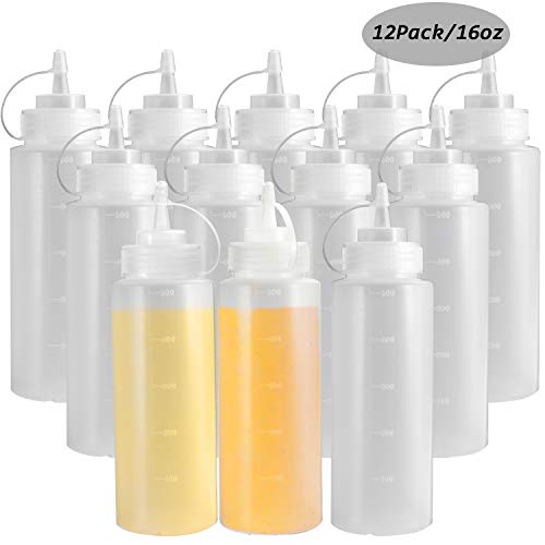 Condiment Squeeze Bottles, OAMCEG 12-Pack 16 oz Durable Plastic Squeeze Squirt Bottle with Discrete Measurements for Ketchup, BBQ, Sauces, Syrup, Condiments, Dressings, Arts and Crafts - BPA Free