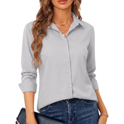 BBIBBI Regular, Petite & Tall XS-6XL Women's Stretch Long Sleeve Button Down Dress Shirts Solid Business Casual Work Blouse X-Small 00055_light Grey