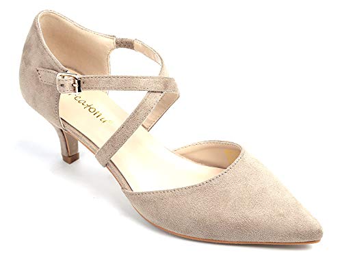 Greatonu Mujer Zapatos de Tacón Kitten Heel Tiras Cruzadas Puntiagudo de Salón Beige Talla 39