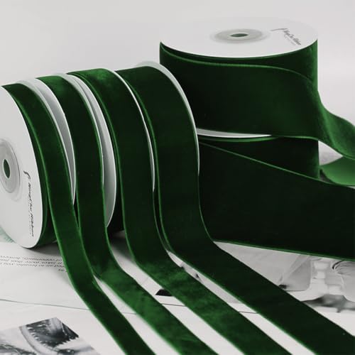 CABODYALS 2 Rolls 20M 25mm Dark Green Velvet Ribbon Vintage Soft Single Sided Crushed Velvet Fabric Luxurious Ribbons With Spool for Making Bows Gift Wrapping Wedding Invition Cake Decor Diy Craft - Image 3