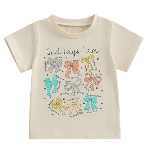 Toddler Girls Christian Shirt God Says I Am Bible Verse Coquette Bow Religious Shirt Jesus God T-Shirt (Apricot 3-4 Years)