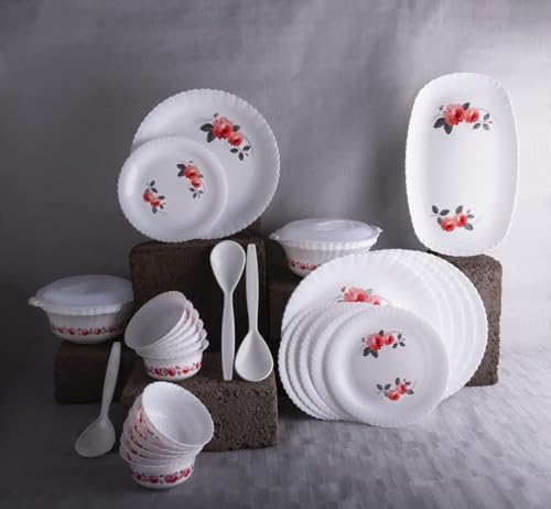 Image of Dinner Set of 32 psc Exclusive Plastic Printed Round Dinner Set. 6 Big PLATS, 6 Small PLATS, 12 Small Bowl,3 Big Spoon, 2 Big Bowl with 2 LID 1 Big Plate .(Pink Color) (32)