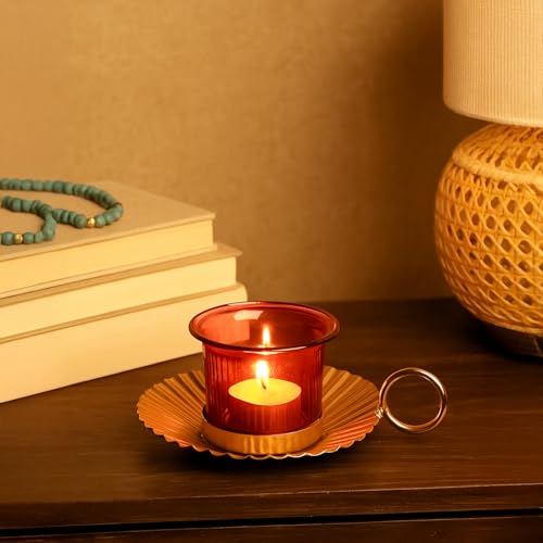 Image of MARKET 99 Metal+Glass Single Votive T Light Holder | for Diwali, Christmas, Birthday, and Wedding | Decorative Candle Holder for Home Decor & Festive Season | Golden & Red