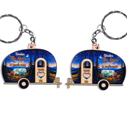 THUYPT Personalized Camping Couples Keychain - Travel Trailer Printed Wooden