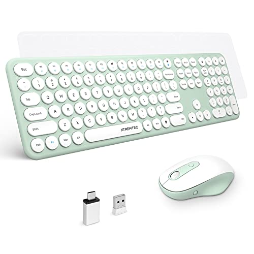 XTREMTEC Wireless Keyboard and Mouse, Cute Retro Round Keycap - 2.4GHz Ultra-Slim Quiet Aesthetic Keyboard for Mac Computer Laptop PC Desktops (Macaron Green)