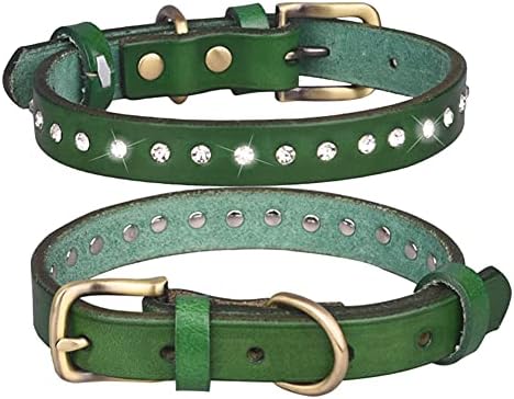 FUNAT Leather Dog Collar, Cowhide Vintage Dog Collar with Top Layer, Cowhide Leather Collar with Rhinestone Dog Collar