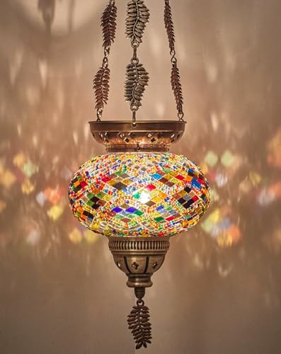 DEMMEX Turkish Moroccan Colorful Mosaic Bohemian Boho Hanging Candle Holder Lantern with Handmade Colorful Glass Globe and Metal Leaf Chains, 60 cm (Multicolor)