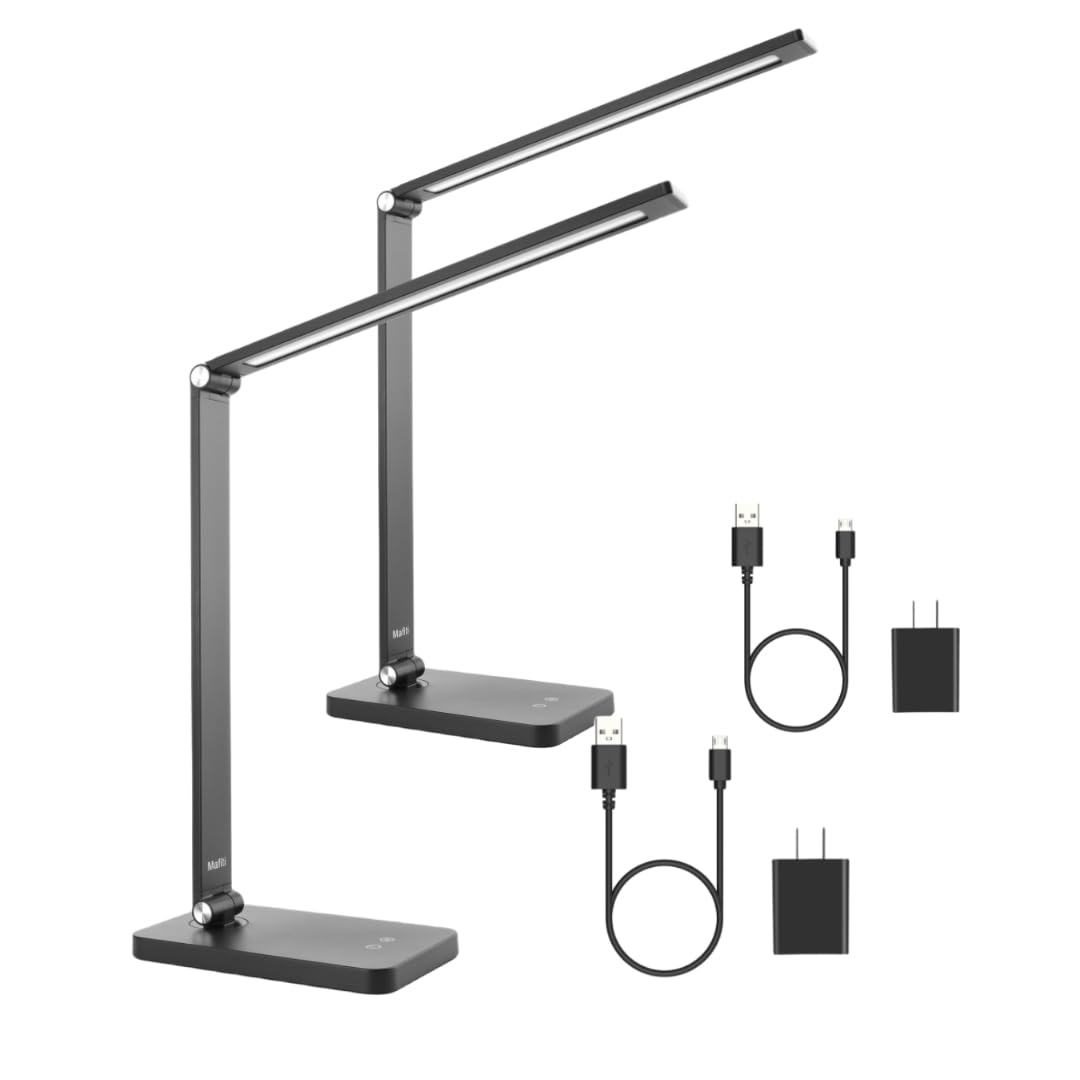 mafiti LED Desk Lamp Dimmable Table Lamp 5 Lighting Modes 3 Brightness Levels Foldable Desk Light Lamp for Home Office with Adjustable Arm, USB Charging Port, Touch Control (2 PCS)