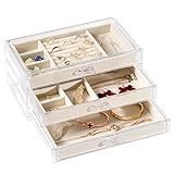DreamGenius Jewelry Organizer with 3 Drawers, Clear Acrylic Jewelry Box for Earring Rings Necklaces and Bracelets, Earing Organizer with Velvet Display Case for Women