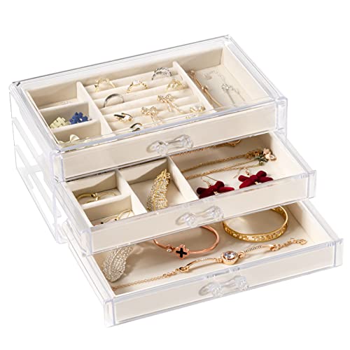 DreamGenius Jewelry Organizer with 3 Drawers, Clear Acrylic Jewelry Box for Earring Rings Necklaces and Bracelets, Earing Organizer with Velvet Display Case for Women