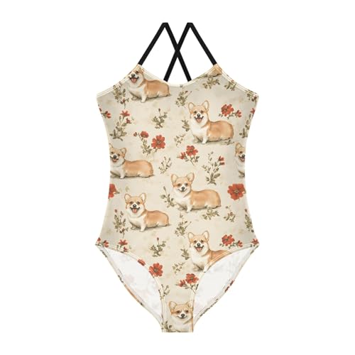 Girl's One Piece Swimsuit Corgi Red Flower A Beach Bathing Swimwear