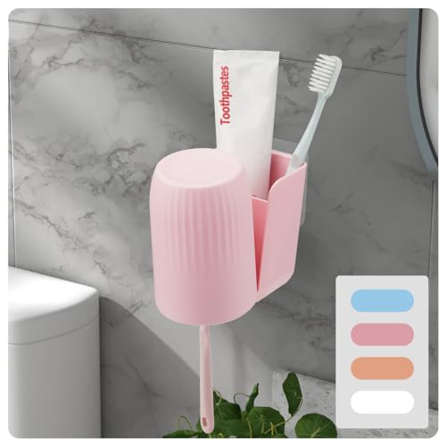 oppfacx Toothbrush Holders for Bathrooms Toothbrush Holders Wall Mounted BPA-Free Tooth Brush Holder with Toothbrush Cup Drilling-Free (Pink)