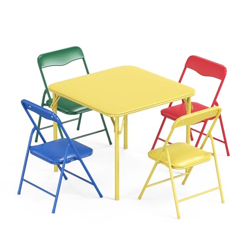 Image of JOYMOR 5-Piece Kids Folding Table and Chairs Set, Metal Frame Children's Activity Set with Easy-Fold Design, Kids Table and Chairs for Playroom & Classroom (Multicolor)