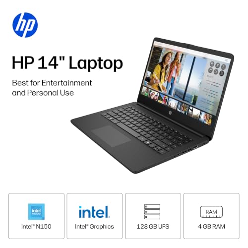 Image of HP 14 inch Laptop, HD Display, Intel N150, 4 GB RAM, 128 GB UFS, Intel Graphics, Windows 11 Home, Includes a 1-Year Microsoft 365 Family Subscription. Jet Black, 14-dq6199nr
