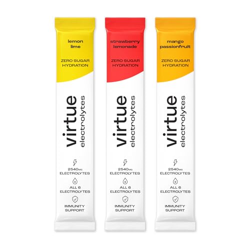 Virtue Électrolytes Sachets d’hydratation - Pack découverte | Zéro sucre | 6 électrolytes, sels minéraux hydratants, vitamine C (Pack de 12) [Lemon Lime, Limonade Fraise, Mangue & Fruit de la Passion]