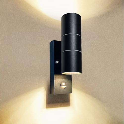 Wondlumi Outdoor Wall Lights PIR Motion Sensor Outside Light Mains Powered Wall Lamp IP44 Security Lighting Black, Incl. 2X 5W GU10 LED Bulbs Warm White