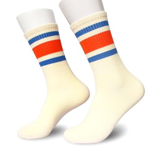 AYQJCBGC Classic Off-White and Blue Orange Striped Crew Socks Soft Cotton Retro Athletic Sport Socks Back To School Gifts for Men Women (110)