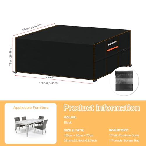 HEIMUNI Outdoor Furniture Covers Waterproof 150x90x75cm Garden Table Cover with Drawstring Rectangular Outdoor Table Covers for Garden Furniture Sets Rattan Furniture Cover Windproof Anti-UV - Image 2