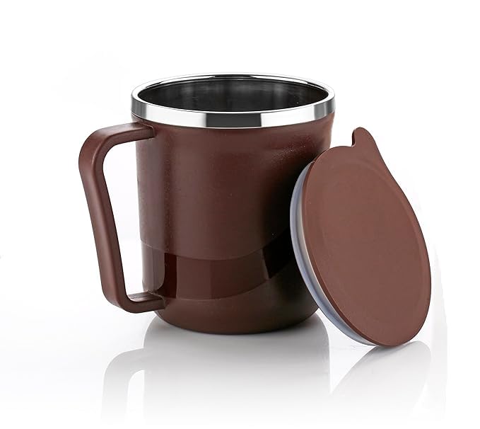 Image of SR Coffee Mug with Lid Insulated Stainless Steel for Tea Milk Mug Inner Stylist Double Wall Cup for Home Office Restaurant Use Gift (Pack of 1) (Brown)